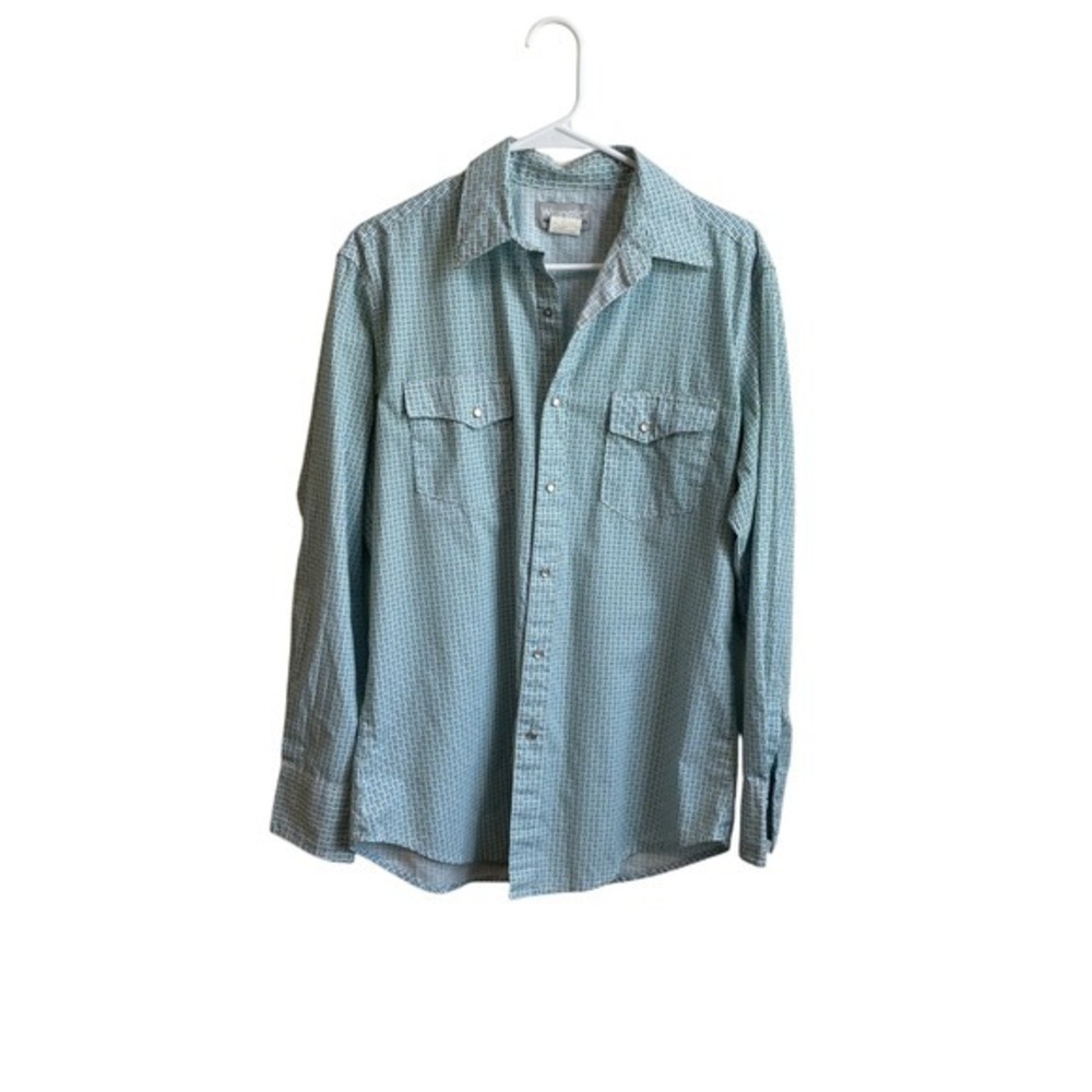 Wrangler Mens‎ Medium Rancher Western Shirt Blue Green Long Sleeve Pearl Snap